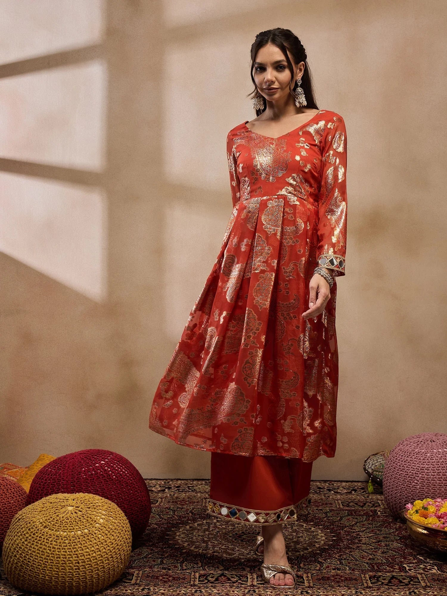 Rust Box Pleat Kurta with Palazzo | Indian Suits for Women
