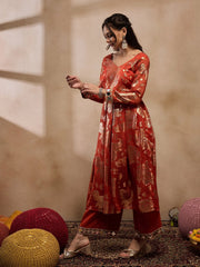 Box Pleat Flare Kurta With Palazzo In Rust Color