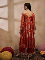 Box Pleat Flare Kurta With Palazzo In Rust Color