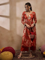 Box Pleat Flare Kurta With Palazzo In Rust Color
