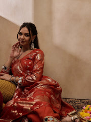 Box Pleat Flare Kurta With Palazzo In Rust Color