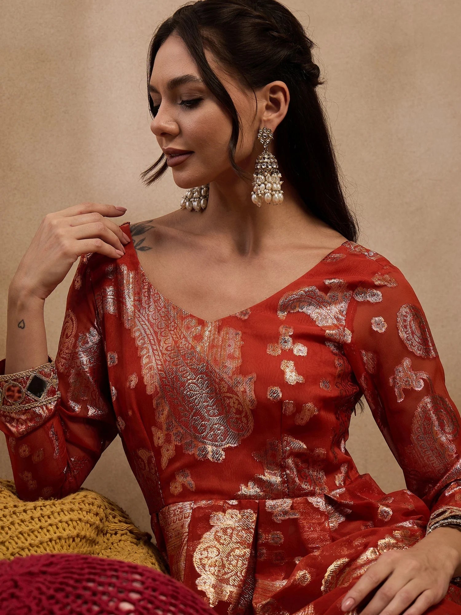 Rust Box Pleat Kurta with Palazzo | Indian Suits for Women