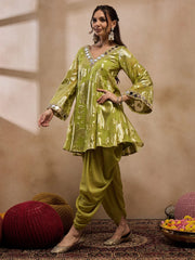 Flare Kurta With Dhoti Pants In Olive Color