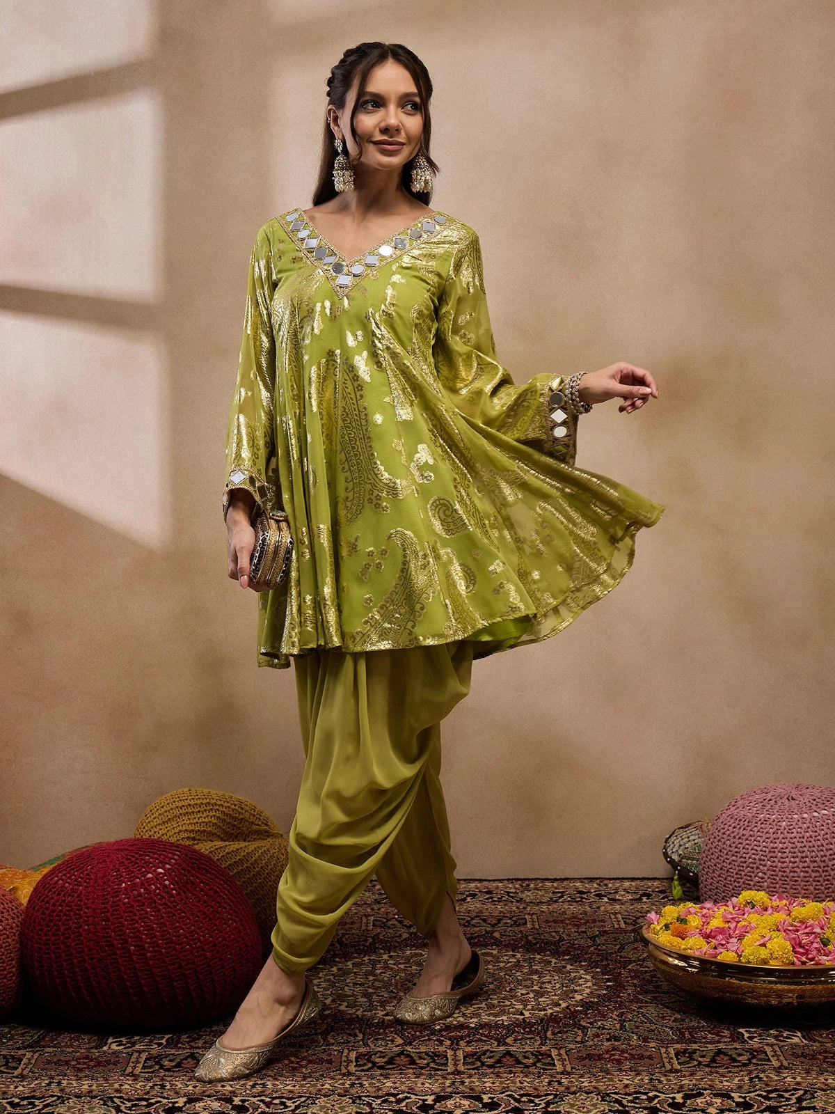 Flare Kurta With Dhoti Pants In Olive Color