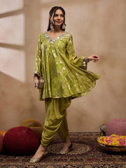 Flare Kurta With Dhoti Pants In Olive Color