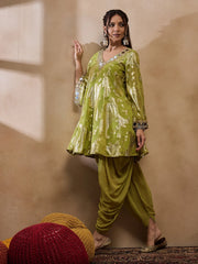 Flare Kurta With Dhoti Pants In Olive Color