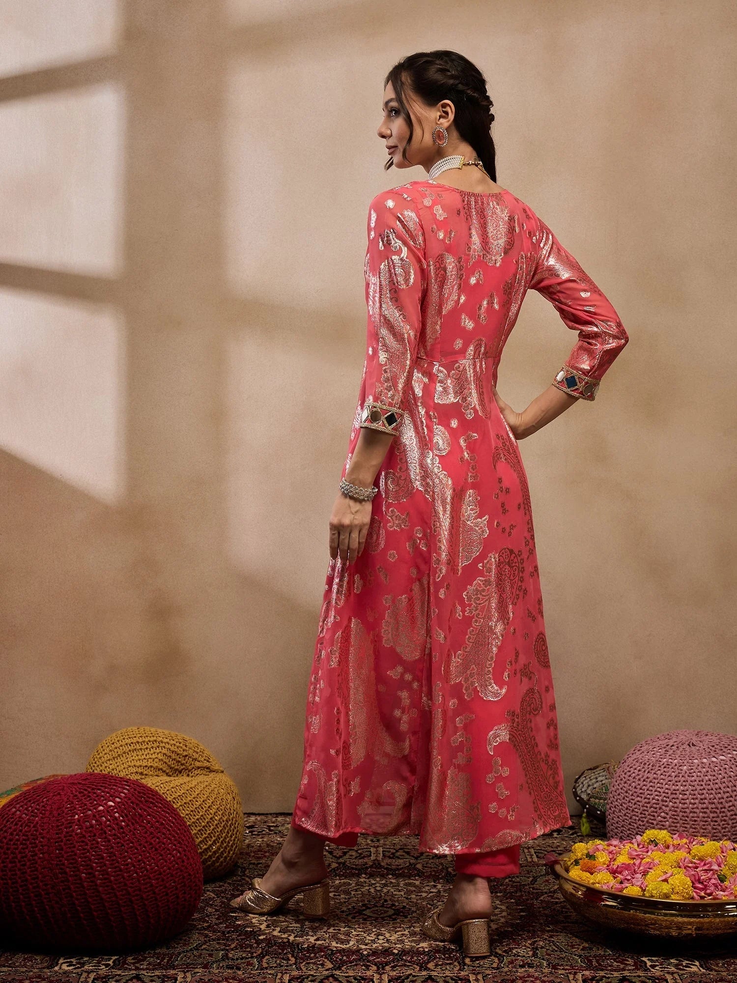 Coral Jacket, Crop Top & Pants - Women's Western Wear Outfit