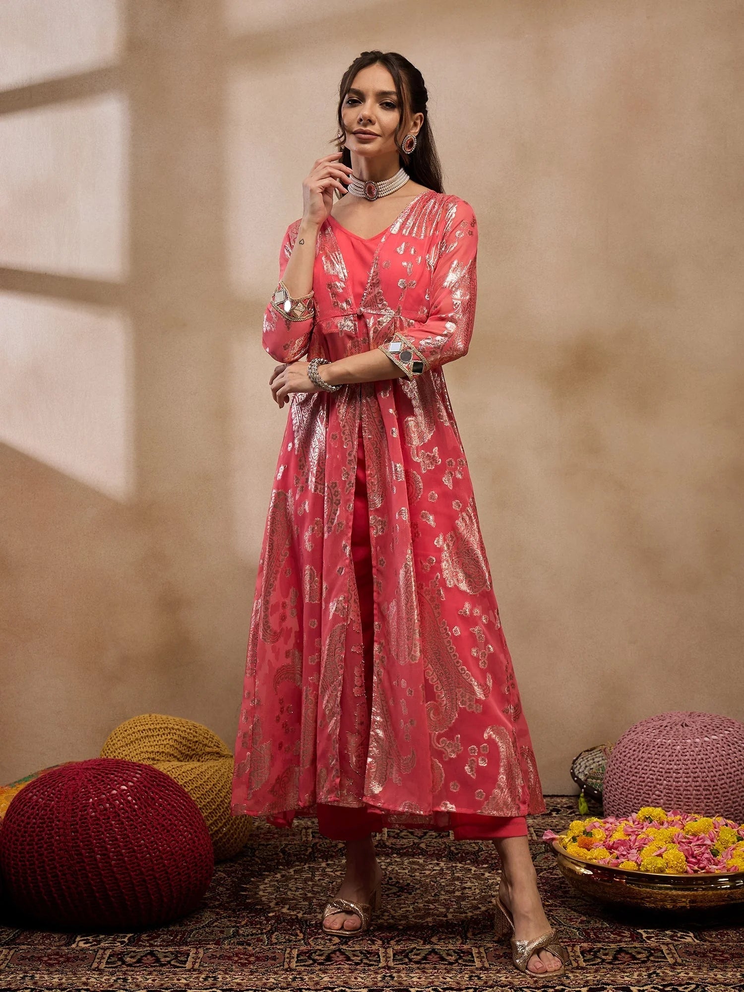 Coral Jacket, Crop Top & Pants - Women's Western Wear Outfit