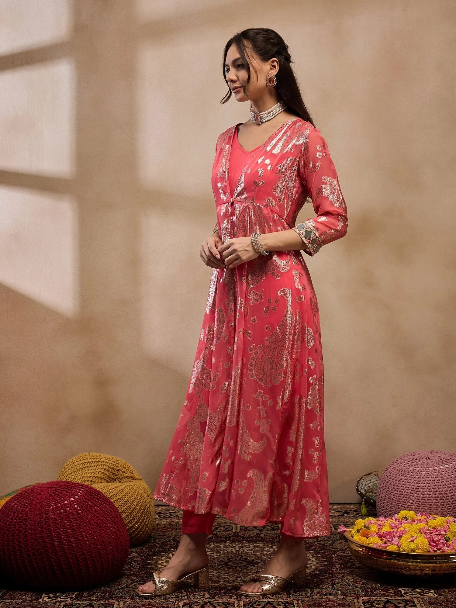 Coral Jacket, Crop Top & Pants - Women's Western Wear Outfit