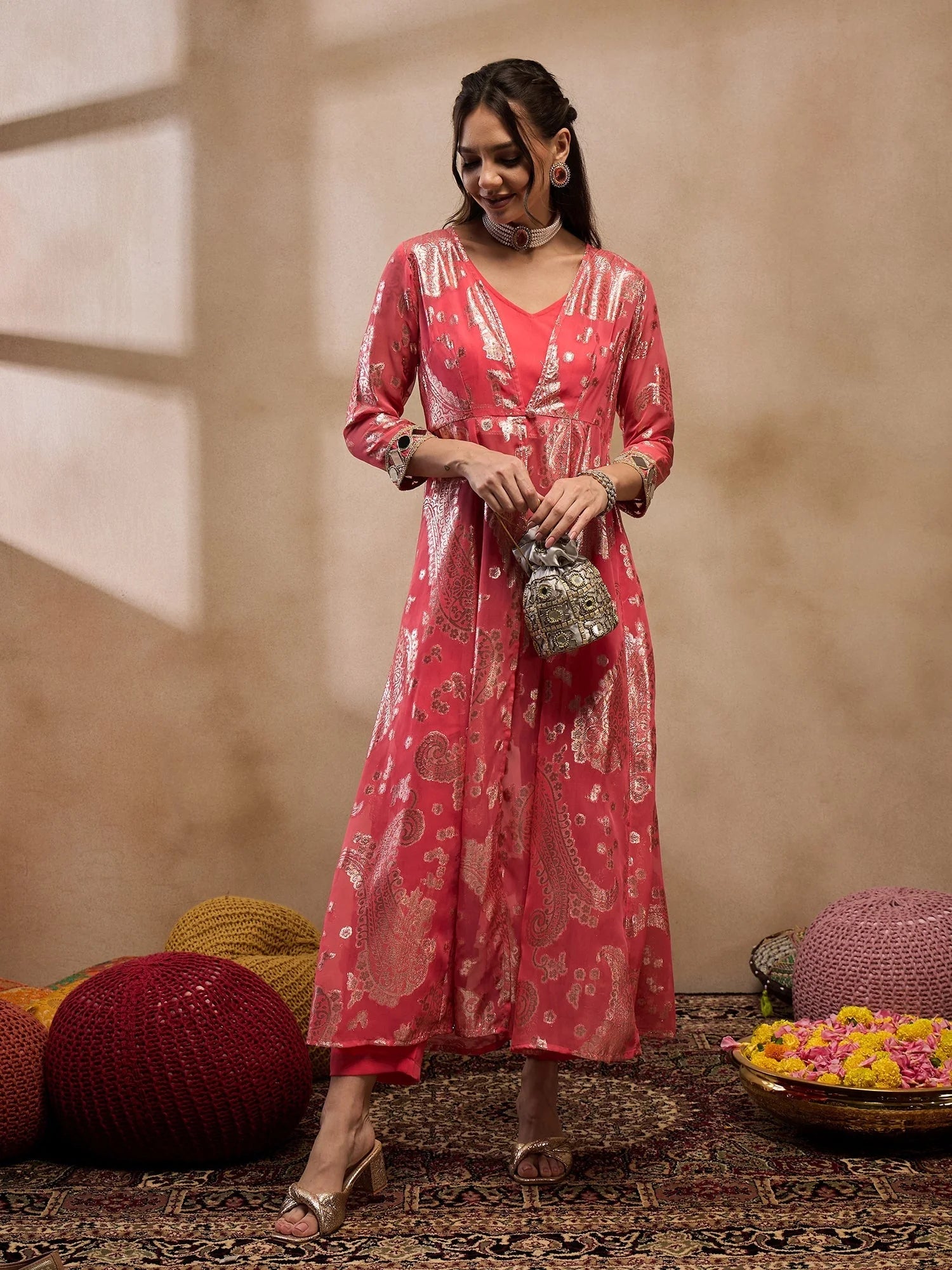 Coral Jacket, Crop Top & Pants - Women's Western Wear Outfit