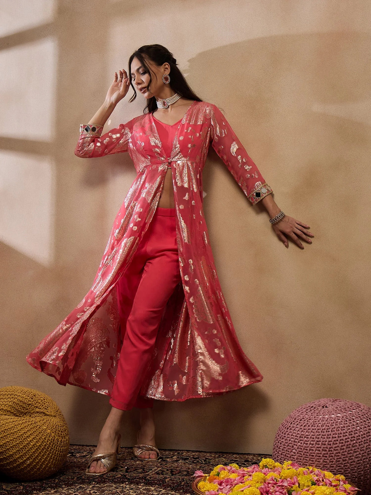 Jacket With Crop Top And Pants In Coral Color