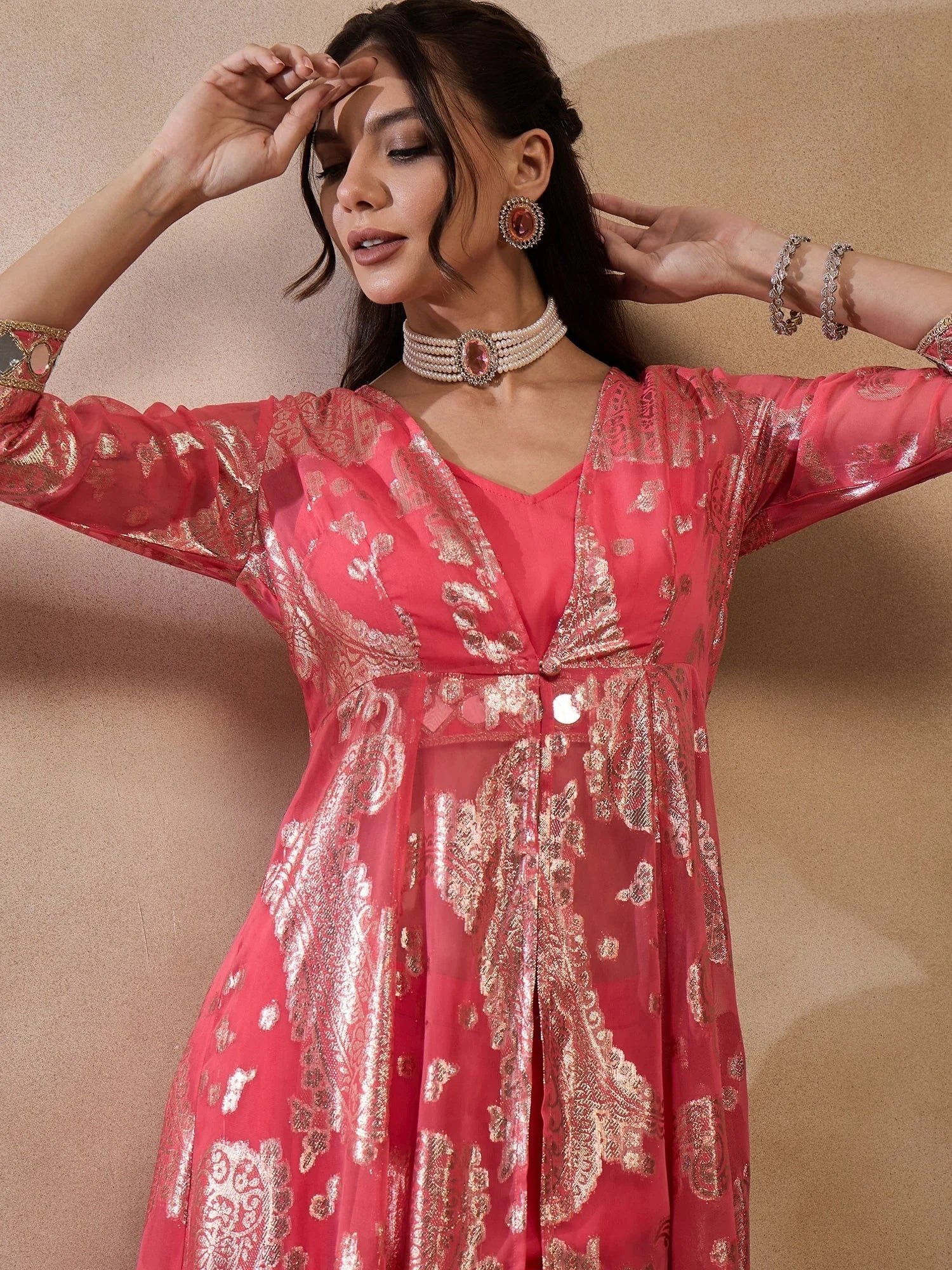 Coral Jacket, Crop Top & Pants - Women's Western Wear Outfit