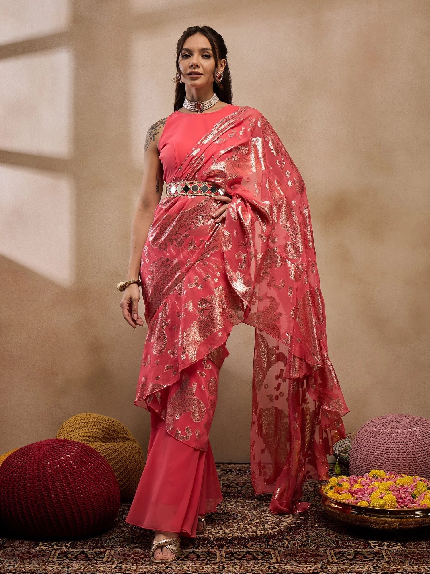 Coral Pre-Draped Indian Saree with Blouse | Designer Sarees