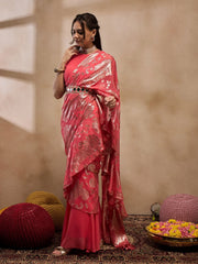 Pre-Draped Sarree With Blouse In Coral Color