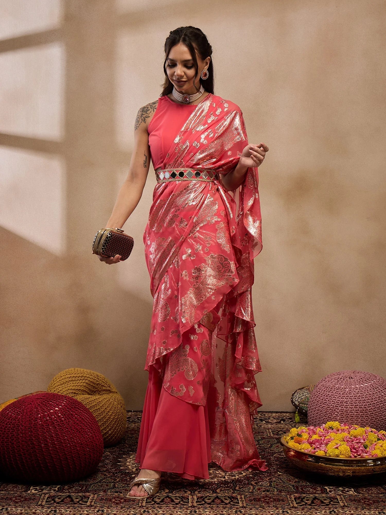 Coral Pre-Draped Indian Saree with Blouse | Designer Sarees
