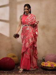 Pre-Draped Sarree With Blouse In Coral Color