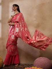 Pre-Draped Sarree With Blouse In Coral Color