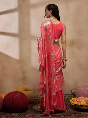 Pre-Draped Sarree With Blouse In Coral Color