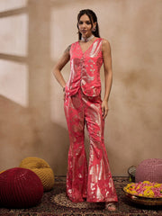 Loop Button Waist Coat With Bell Bottom Pant In Coral Color