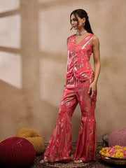 Loop Button Waist Coat With Bell Bottom Pant In Coral Color