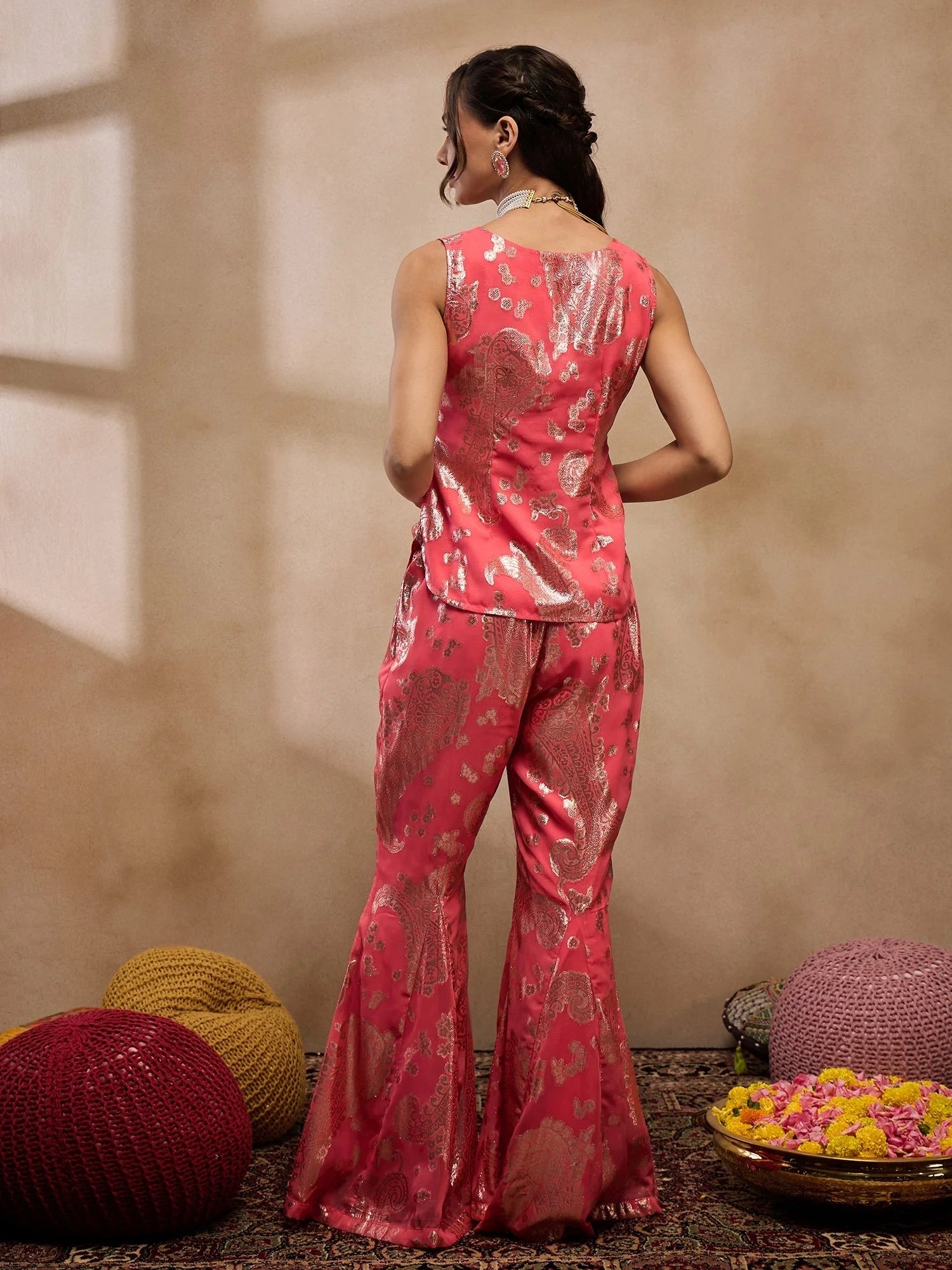 Coral Waist Coat Bell Bottom Pant Set | Western Outfits for Women