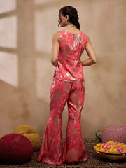 Loop Button Waist Coat With Bell Bottom Pant In Coral Color