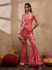 Loop Button Waist Coat With Bell Bottom Pant In Coral Color