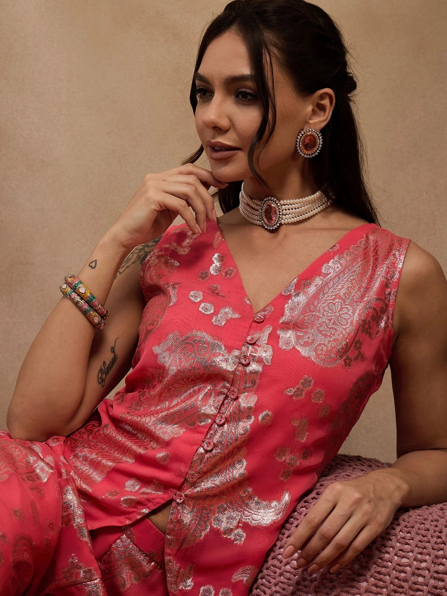 Coral Waist Coat Bell Bottom Pant Set | Western Outfits for Women