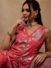 Loop Button Waist Coat With Bell Bottom Pant In Coral Color