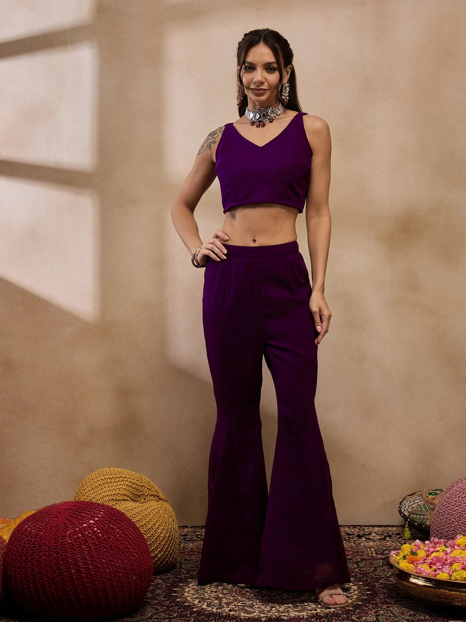 Purple Crop Top Bell Bottom Pant & Jacket Set - Western Outfits