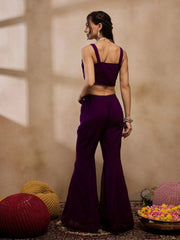 Crop Top With Bell Bottom Pants And Jacket In Purple Color