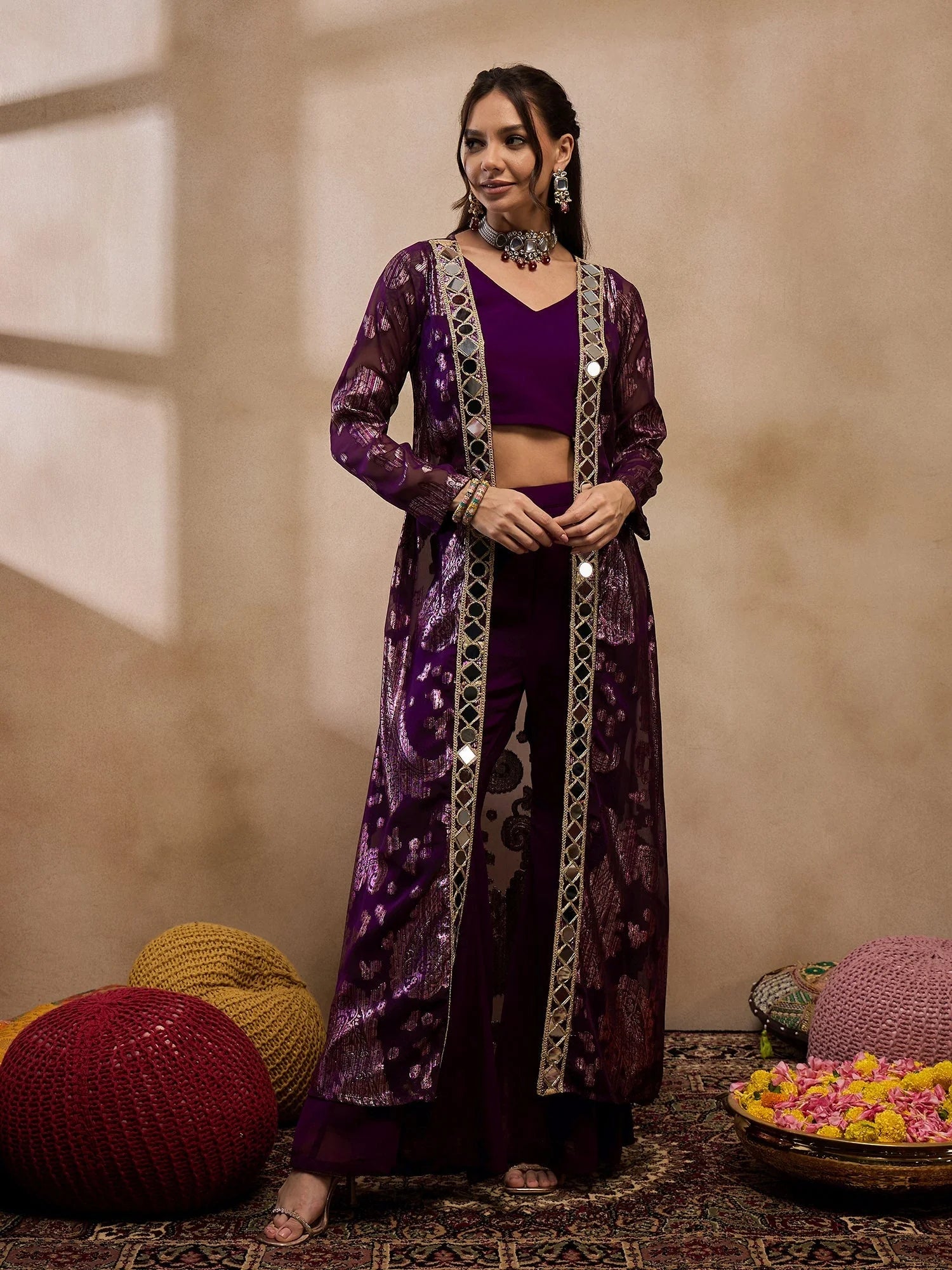 Purple Crop Top Bell Bottom Pant & Jacket Set - Western Outfits