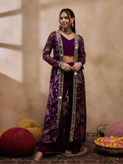 Crop Top With Bell Bottom Pants And Jacket In Purple Color