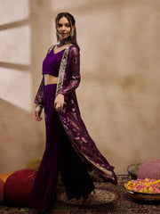 Crop Top With Bell Bottom Pants And Jacket In Purple Color