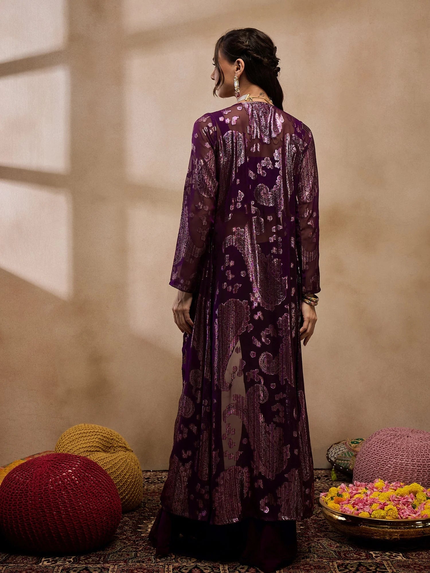 Purple Crop Top Bell Bottom Pant & Jacket Set - Western Outfits