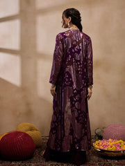 Crop Top With Bell Bottom Pants And Jacket In Purple Color