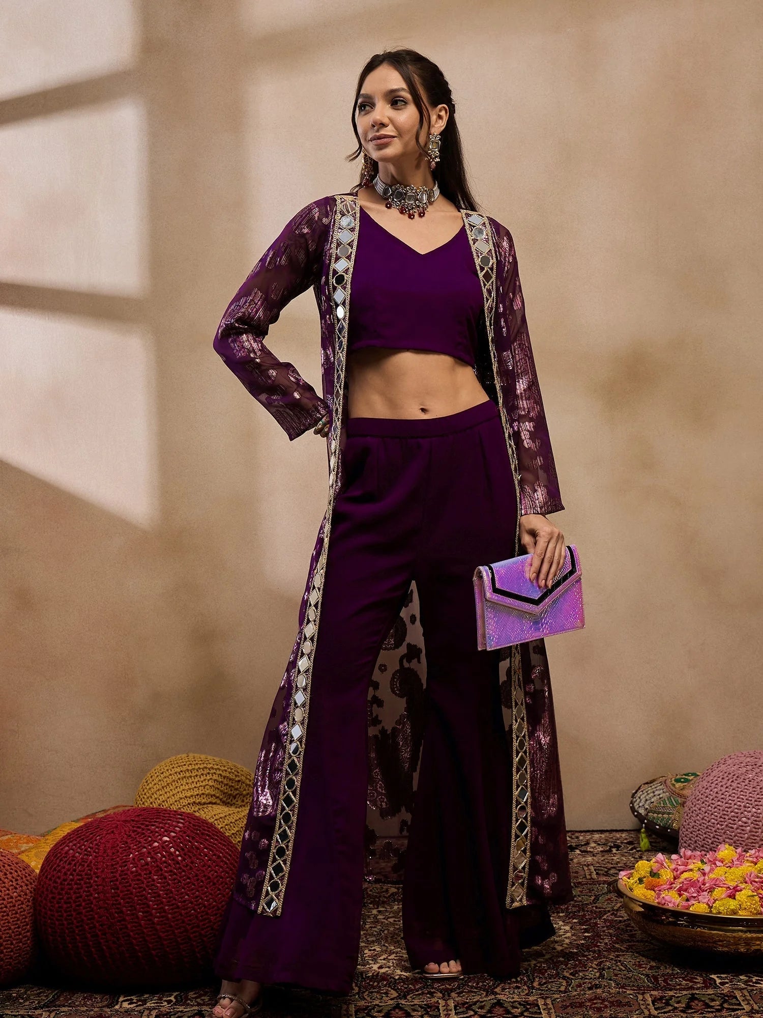 Purple Crop Top Bell Bottom Pant & Jacket Set - Western Outfits
