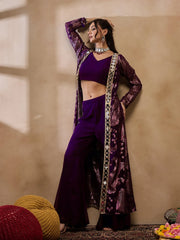 Crop Top With Bell Bottom Pants And Jacket In Purple Color