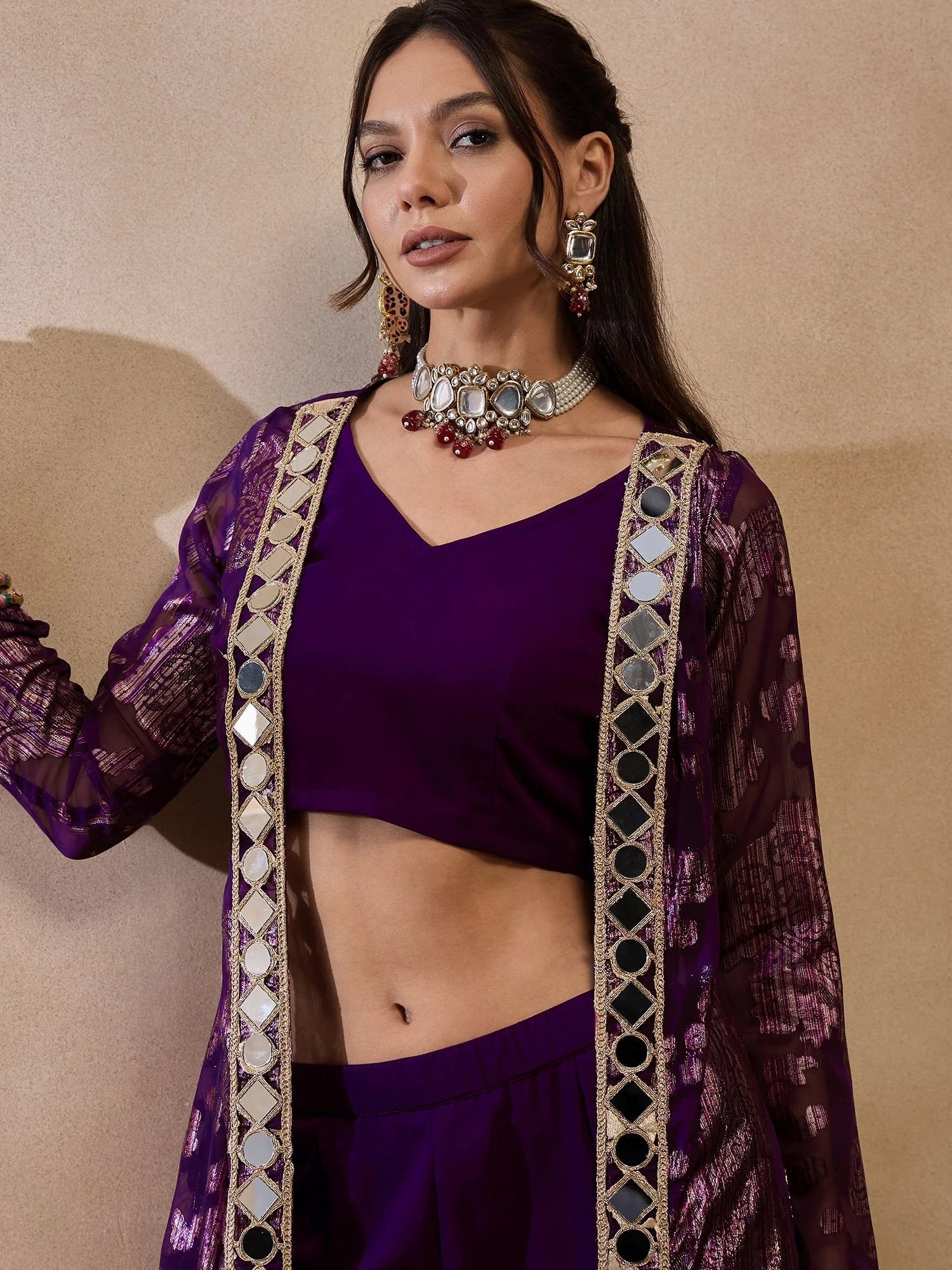 Purple Crop Top Bell Bottom Pant & Jacket Set - Western Outfits