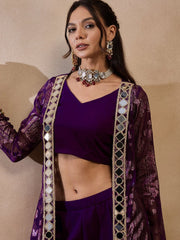 Crop Top With Bell Bottom Pants And Jacket In Purple Color