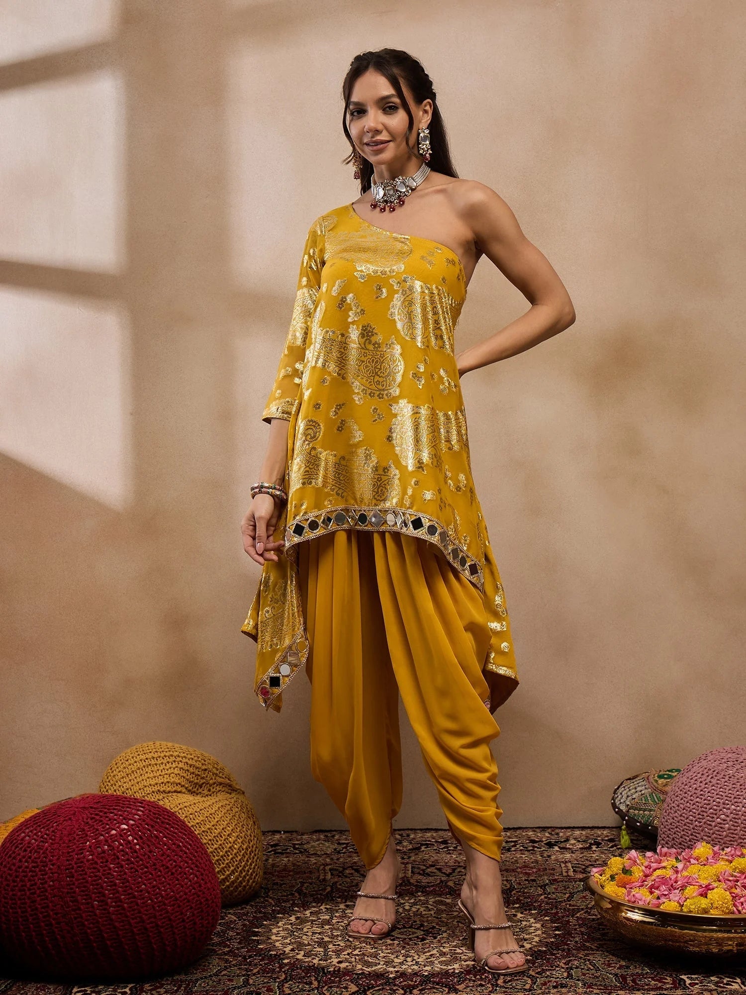 Yellow Dhoti Pant Outfit - One Shoulder Top | Women's Dhoti Sets