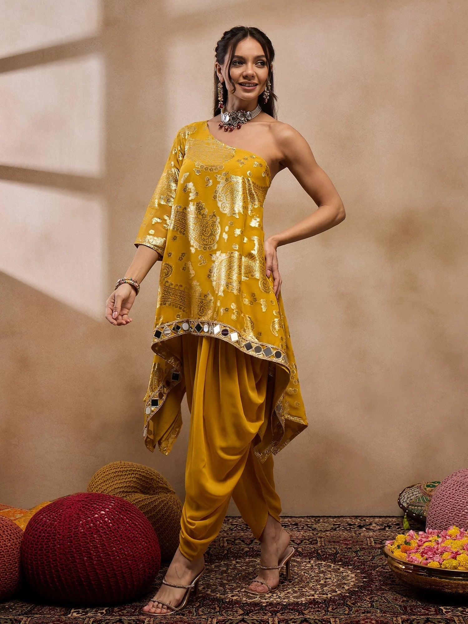 Yellow Dhoti Pant Outfit - One Shoulder Top | Women's Dhoti Sets