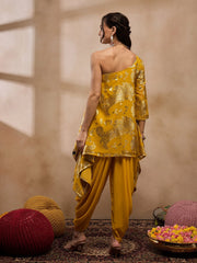 One Shoulder Assymettric Top With Dhoti In Yellow Color