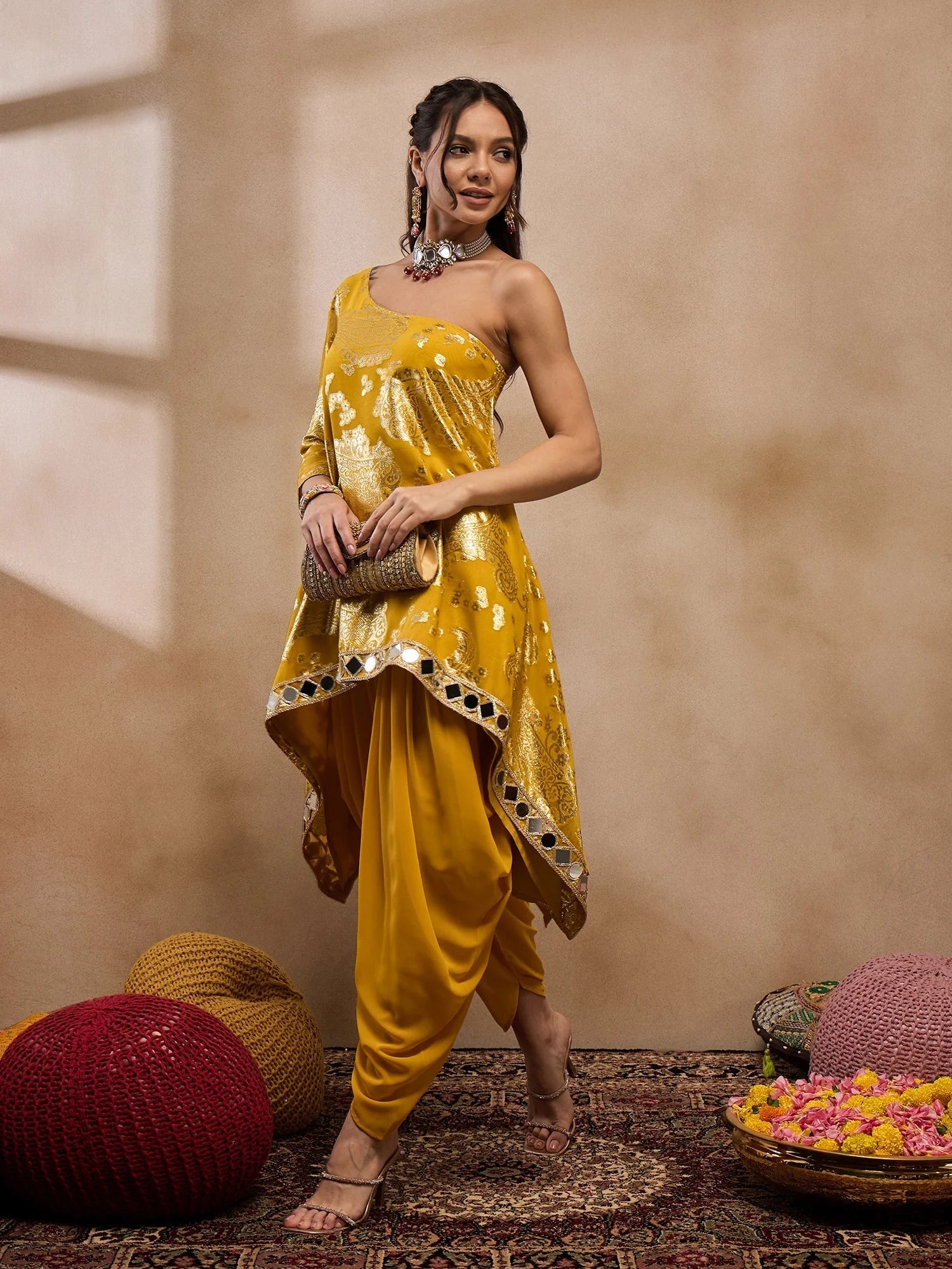 Yellow Dhoti Pant Outfit - One Shoulder Top | Women's Dhoti Sets