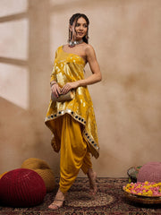One Shoulder Assymettric Top With Dhoti In Yellow Color