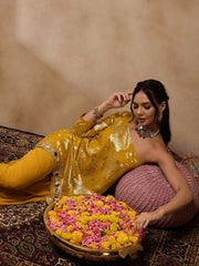 One Shoulder Assymettric Top With Dhoti In Yellow Color