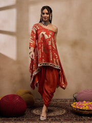 One Shoulder Assymettric Top With Dhoti In Rust Color