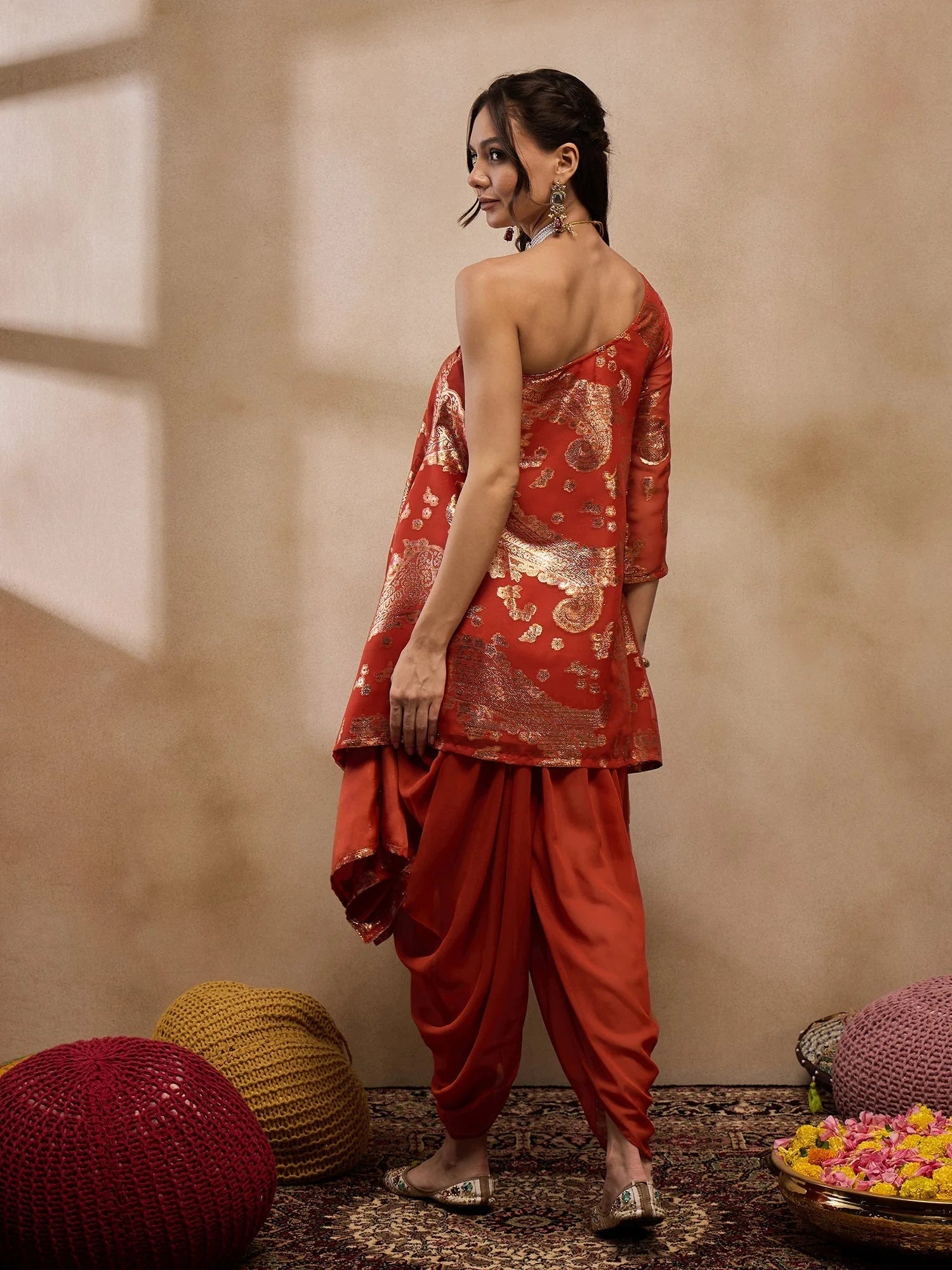 Rust Dhoti Pants Outfit - Asymmetric Top | Women's Dhoti Sets
