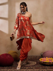 One Shoulder Assymettric Top With Dhoti In Rust Color