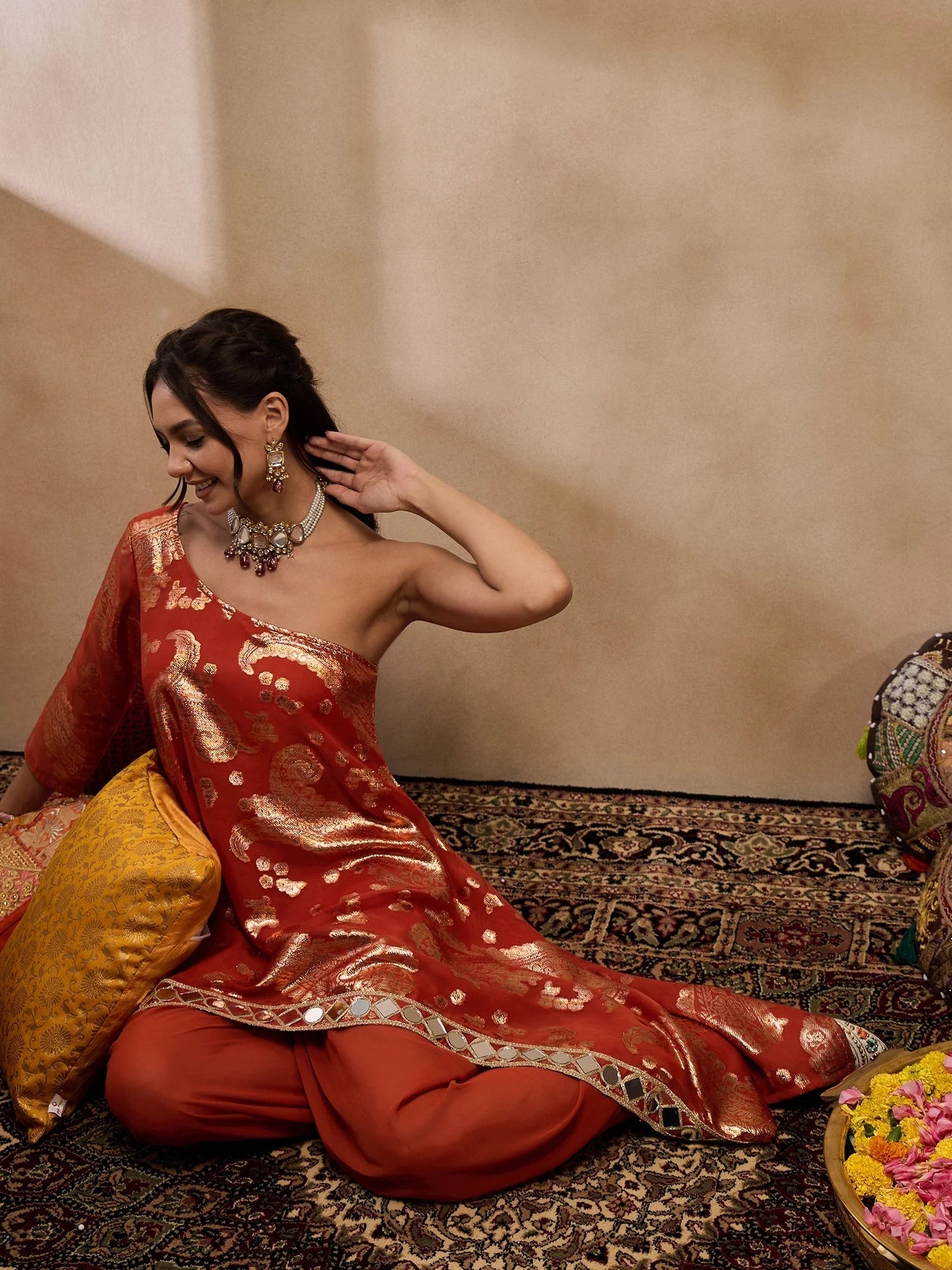 Rust Dhoti Pants Outfit - Asymmetric Top | Women's Dhoti Sets